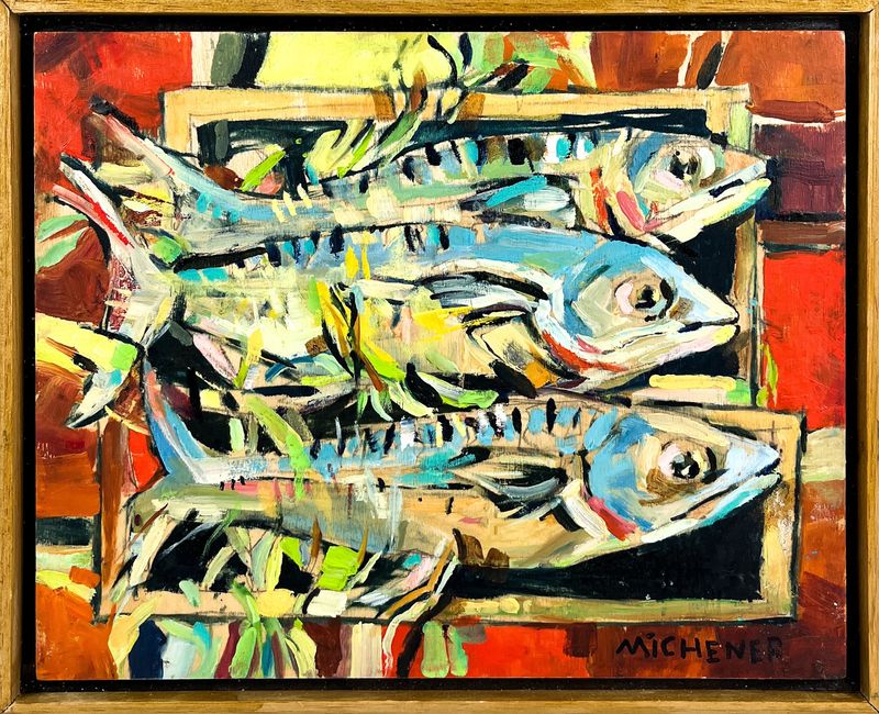 "Fish Composition 5" 8x10" Oil Painting Framed 9x11"