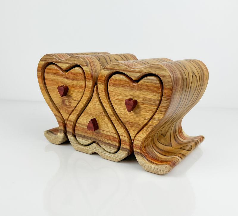 Triple heart Bandsaw Box: Canary &amp; Teak Wood