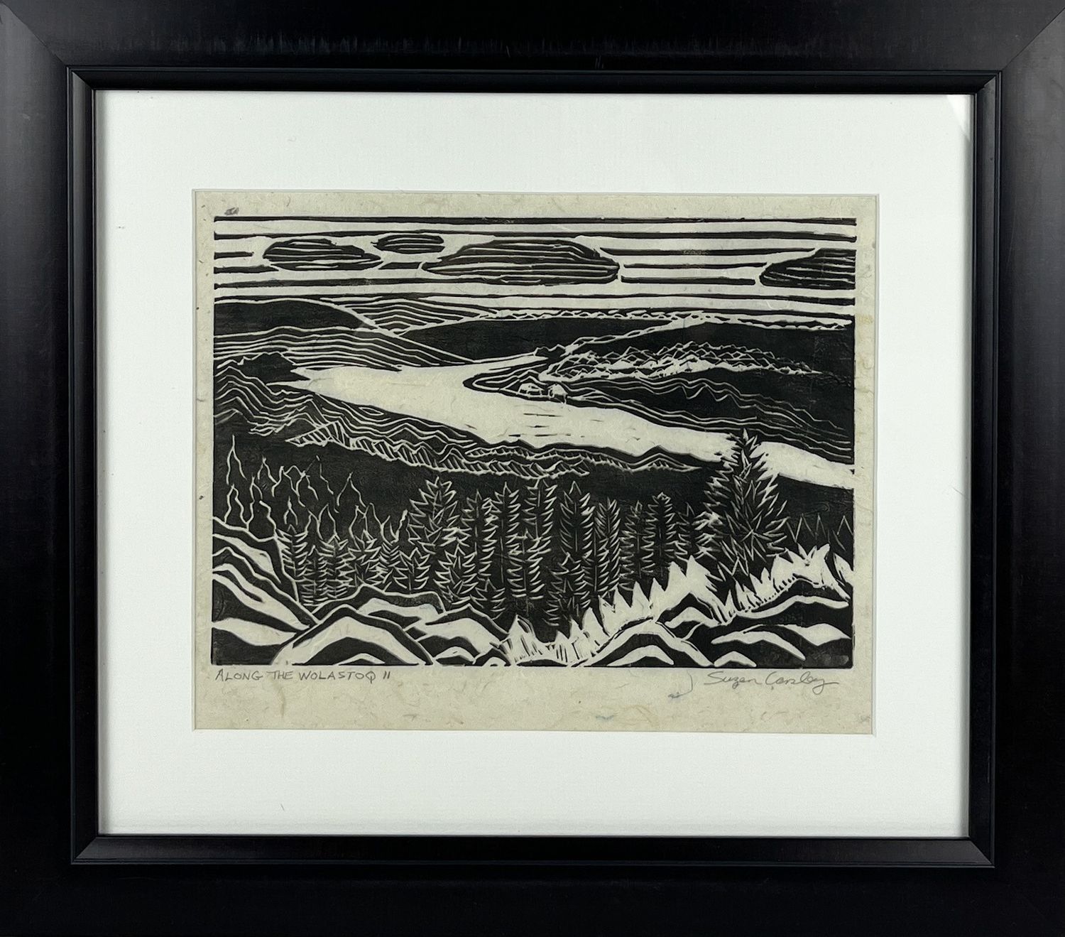 "Along the Wolastoq II" Black & White Linocut on Japanese Paper Framed 14.5x16.5"