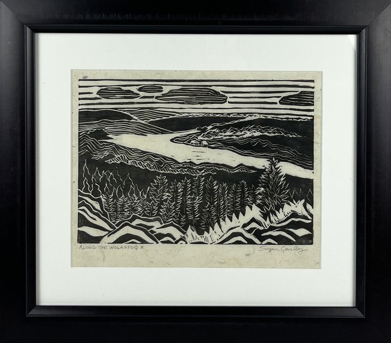 "Along the Wolastoq II" Black & White Linocut on Japanese Paper Framed 14.5x16.5"