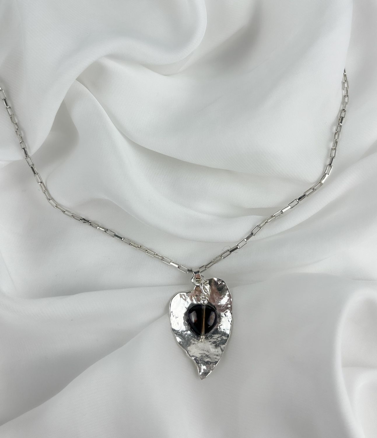 Hammered Double Sided Heart Pendant with Smokey Quartz Bead
