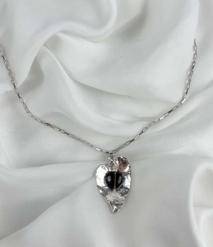 Hammered Double Sided Heart Pendant with Smokey Quartz Bead