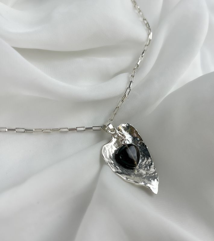 Hammered Double Sided Heart Pendant with Smokey Quartz Bead
