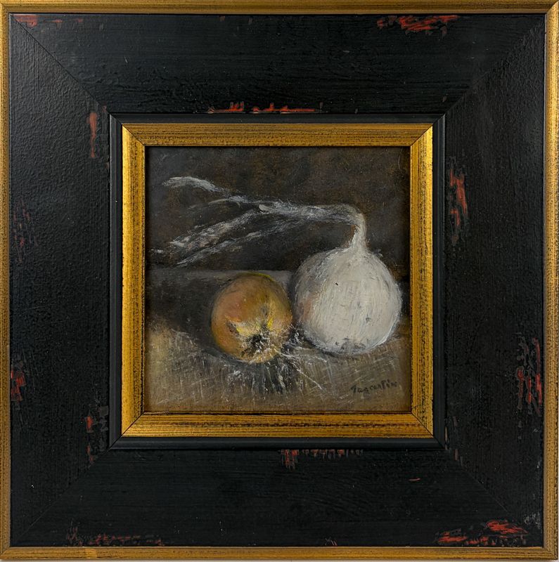 "Still Life of Onions" Oil on Board Framed 13.5x13.5"