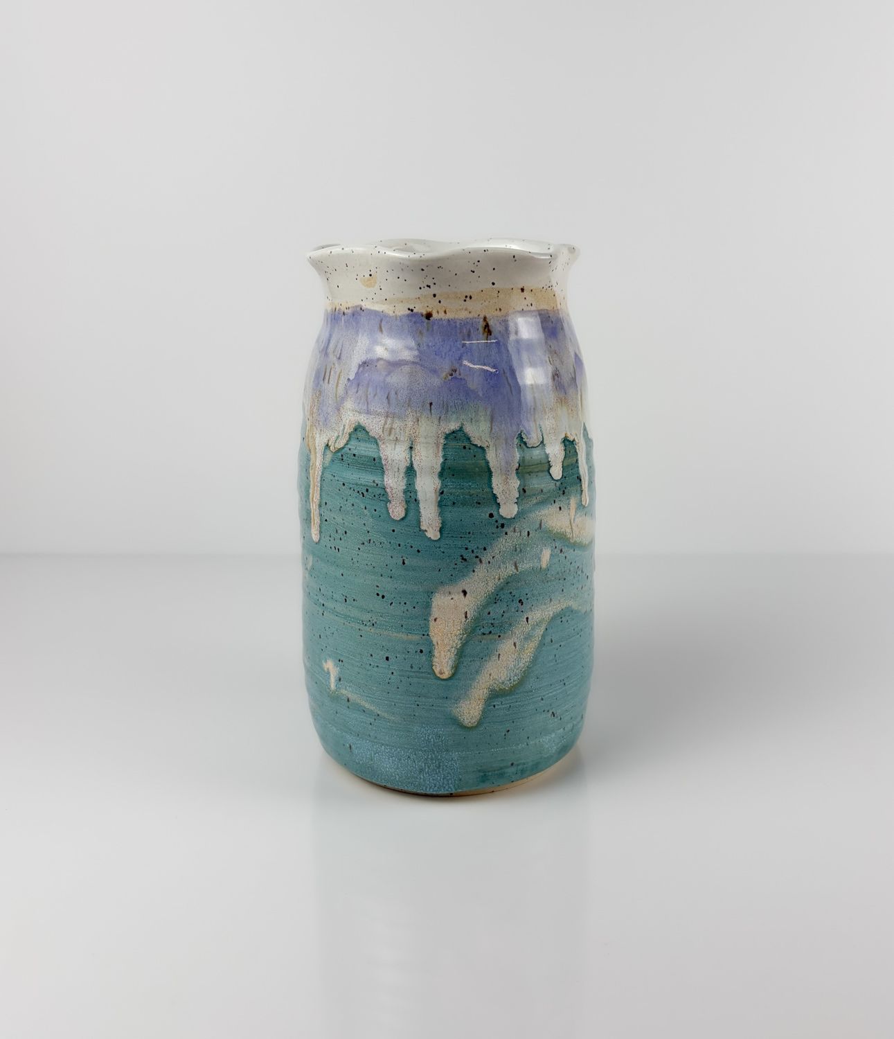 White Speckled Pottery Vase with Teal By Halifax Artist Laura Rae Studio 