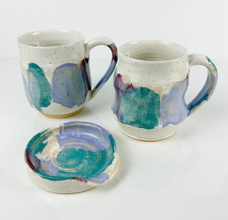 White Speckled Pottery Mug with Teal and Purple By Halifax Artist Laura Rae Studio 