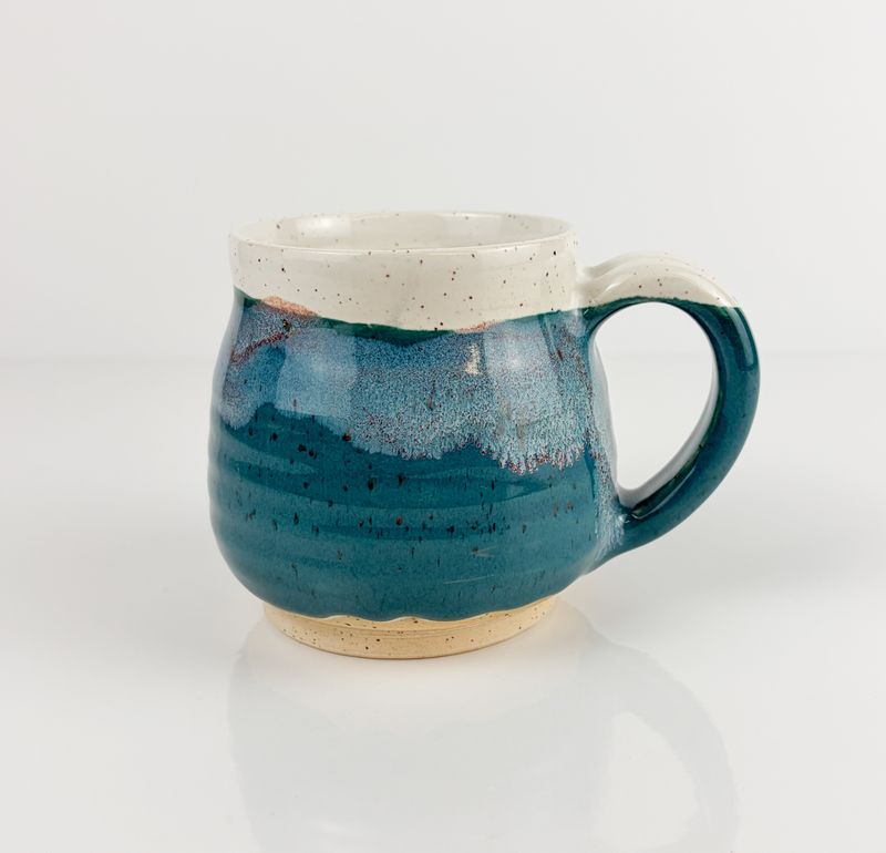 White Speckled Pottery Mug with Teal By Halifax Artist Laura Rae Studio 