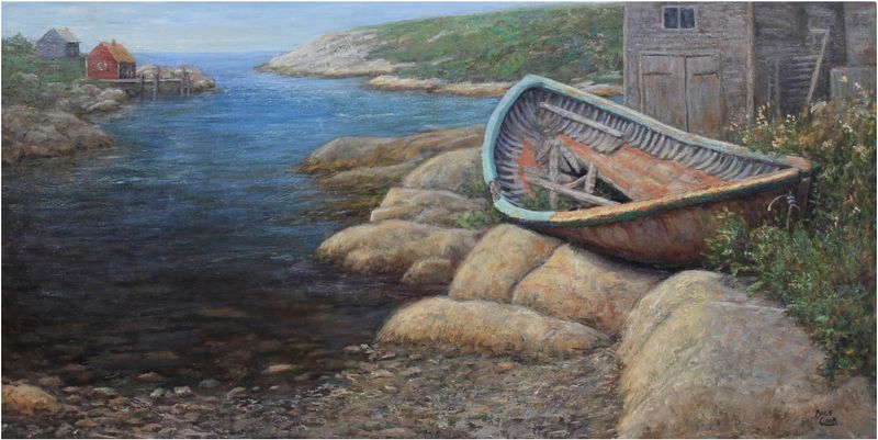 Original Oil Painting of an old Row Boat in East Coast by Canadian Painter Dale Cook 