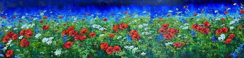 Original Oil Knife Painting of a field of bright red poppies with beautiful blue skies by Canadian artist Rene Collins 