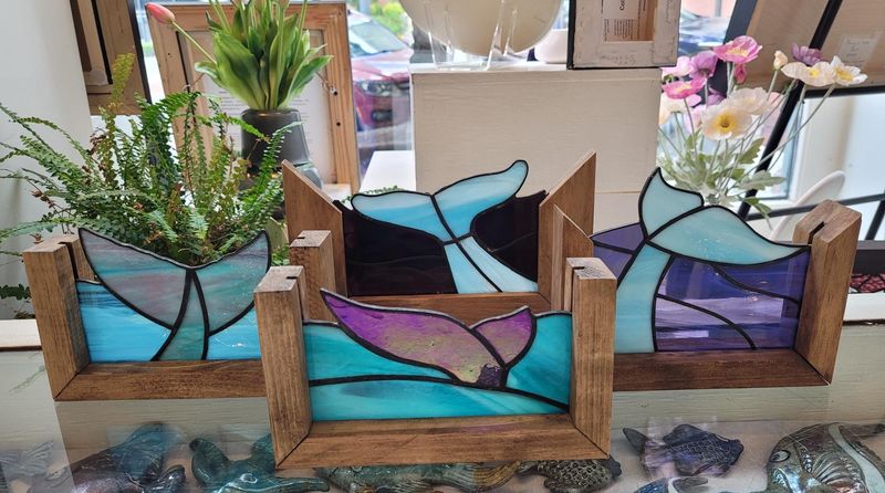 Framed Stained Glass Whale Tails