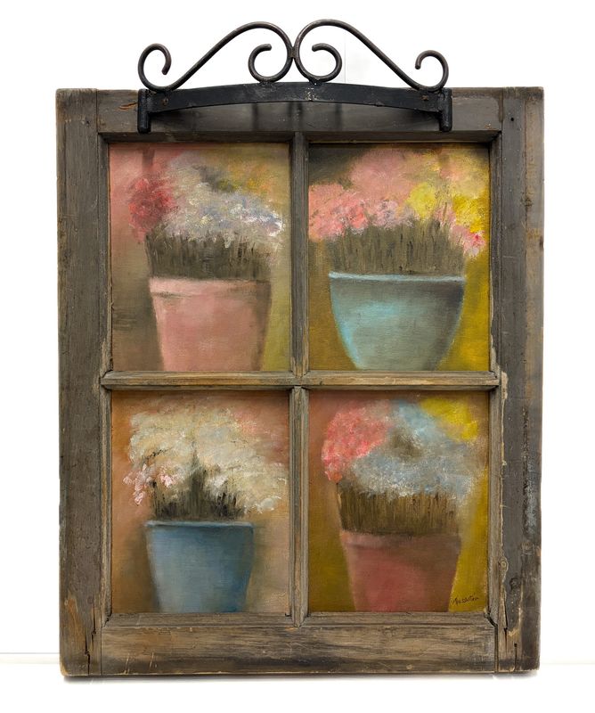 "Potted Flowers" Oil, 4 Pieces Mounted in Antique Window, 26x20"