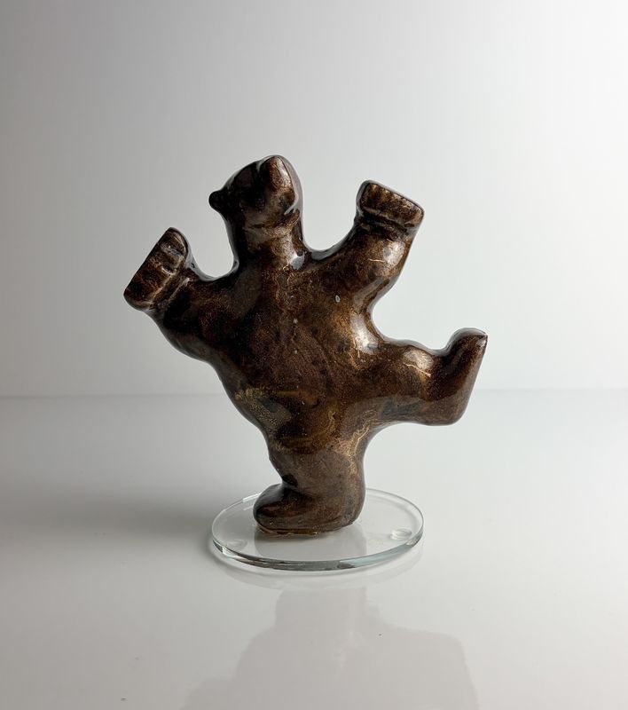 Dancing Bear on Glass Disc, Composite Soapstone Sculpture