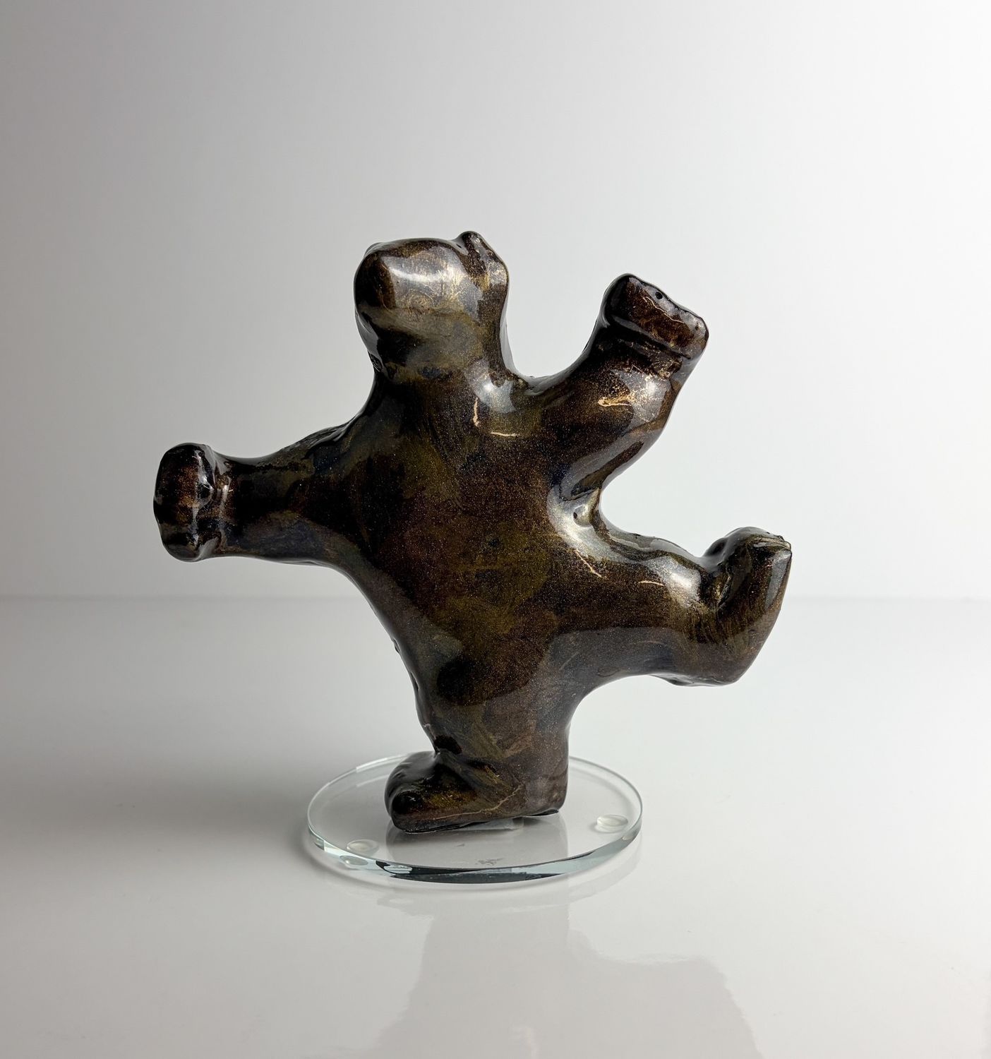 Dancing Bear on Glass Disc, Composite Soapstone Sculpture