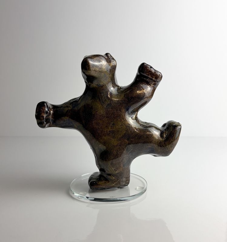 Dancing Bear on Glass Disc, Composite Soapstone Sculpture