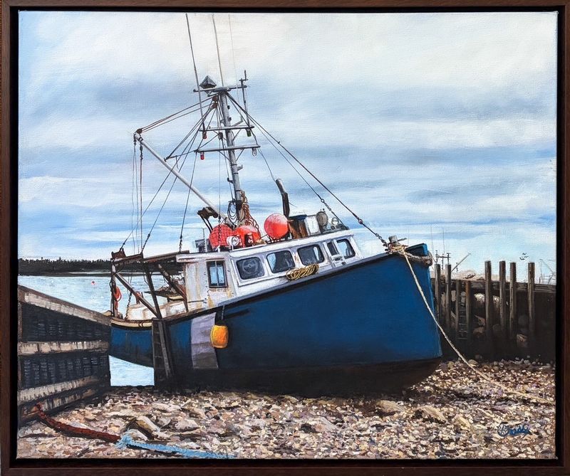 Original Acrylic Painting of East Coast Blue Fishing Boat by Canadian artist Robert Crosby 