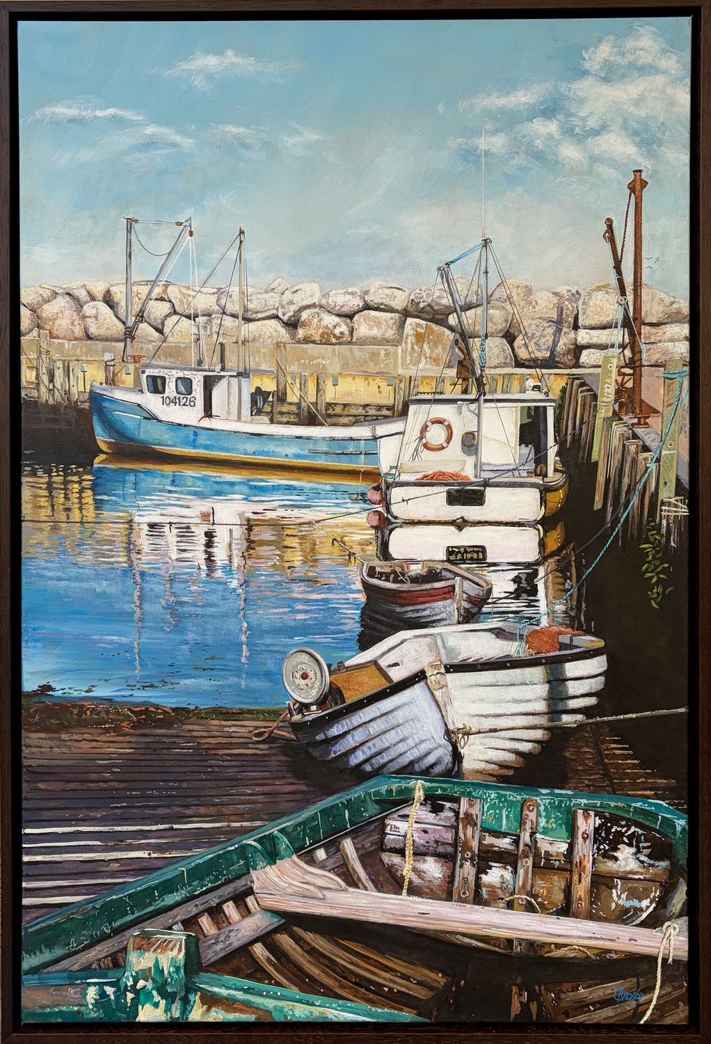 Original Acrylic Painting, East Coast Blue Fishing boat by Canadian artist Robert Crosby 