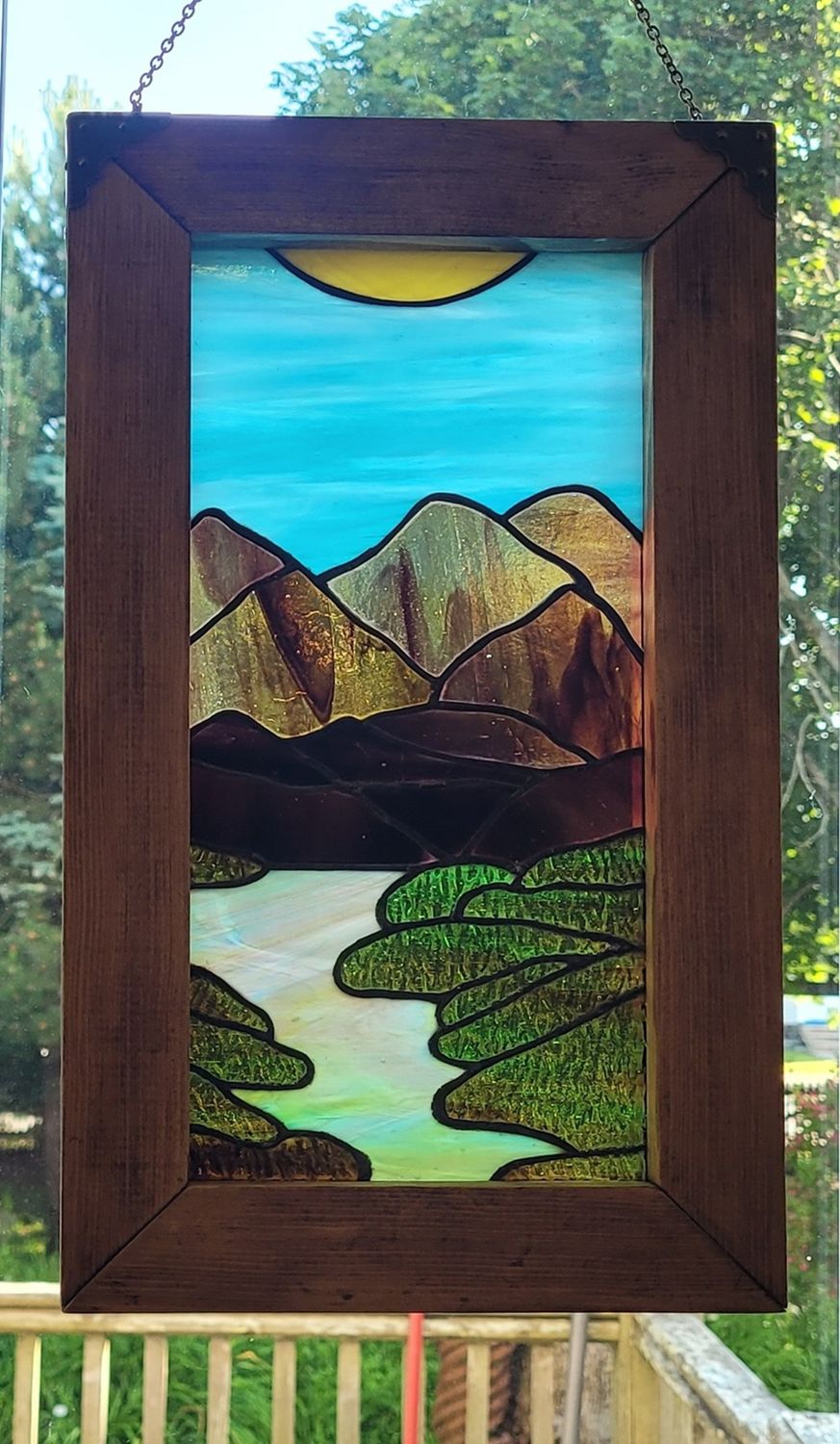 Mountains At Midday 1 Framed Stained Glass Landscape Denis Eve Handworks Saint John New Brunswick NB Canada Canadian Artist