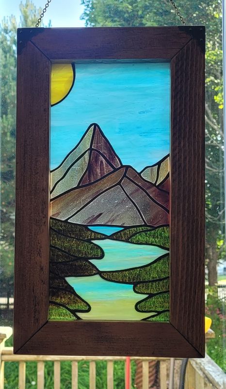 Mountains At Midday 2 Framed Stained Glass Landscape Denis Eve Handworks Saint John New Brunswick NB Canada