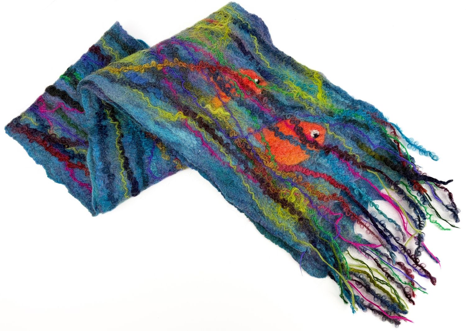 Wetfelted Wool, Silk &amp; Mohair 60x9" Scarf Textile - Fish Design