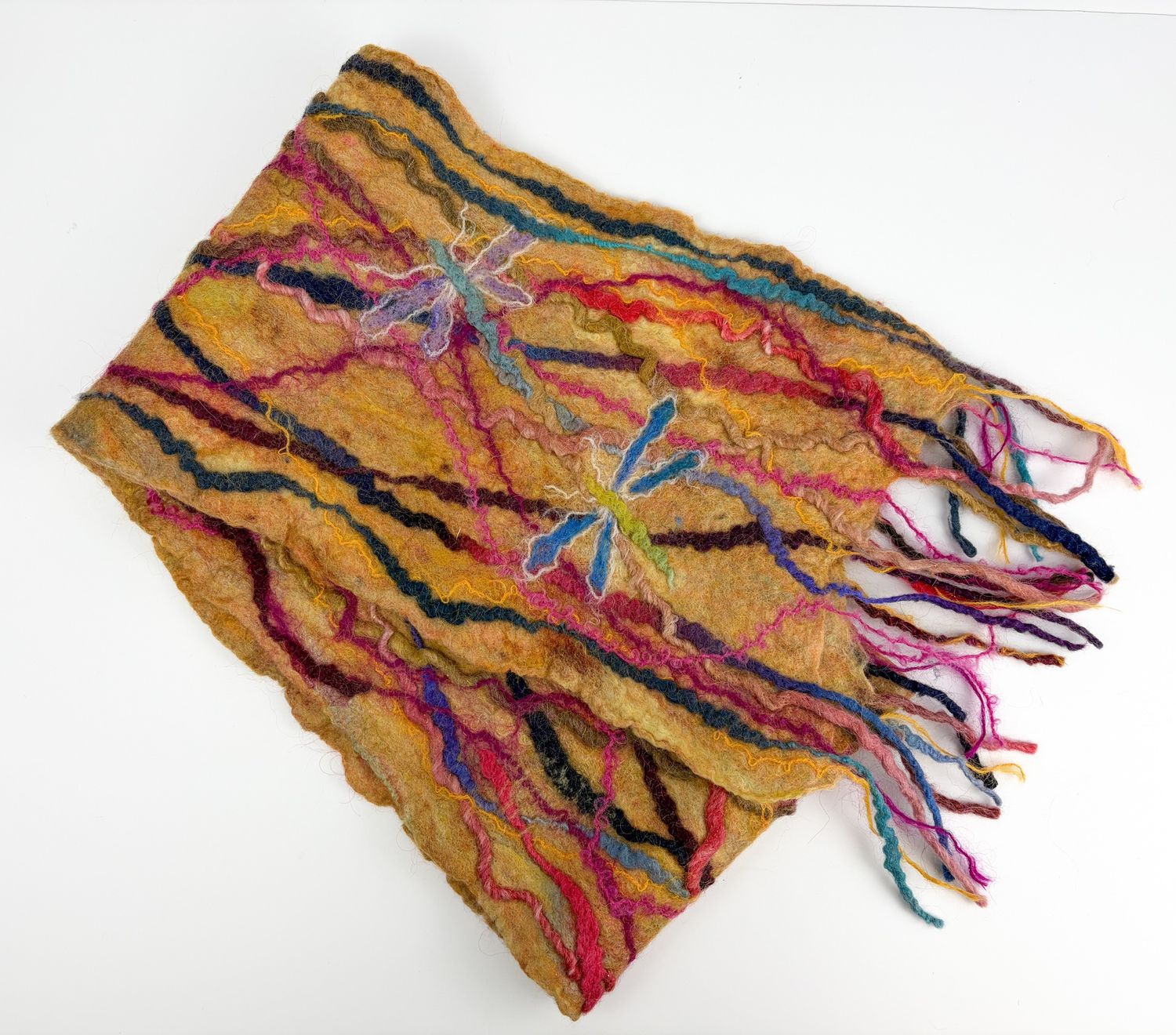 Wetfelted Wool, Silk &amp; Mohair 60x9.5" Scarf Textile - Dragonfly Design