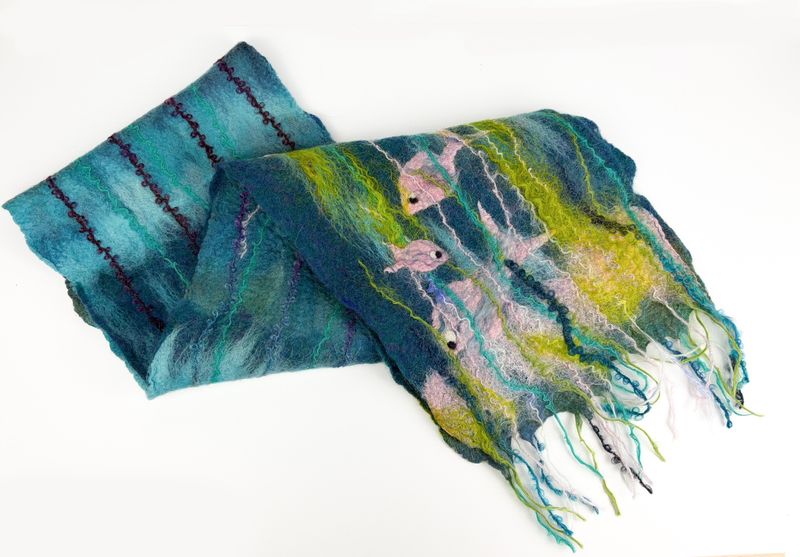 Wetfelted Wool, Silk &amp; Mohair 64x11" Scarf Textile - Pink Fish Design