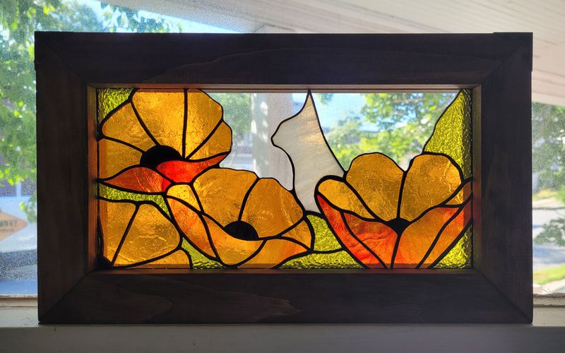 Garden Cats Collection Yellow Poppies Framed Stained Glass Denis Eve Handworks Saint John NB Canada Canadian Artist