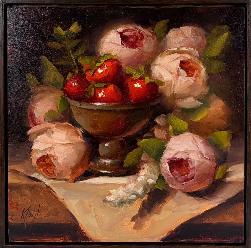 "Peonies and Strawberries" 12x12" Framed 13x13" Oil Painting