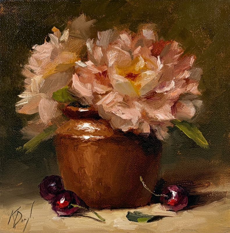 "Pink Peonies in Brown Crock" 8x8" Oil Painting on Canvas