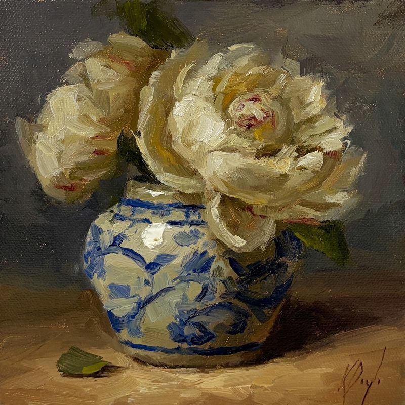 "White Peonies in Blue" 8x8" Oil Painting on Canvas