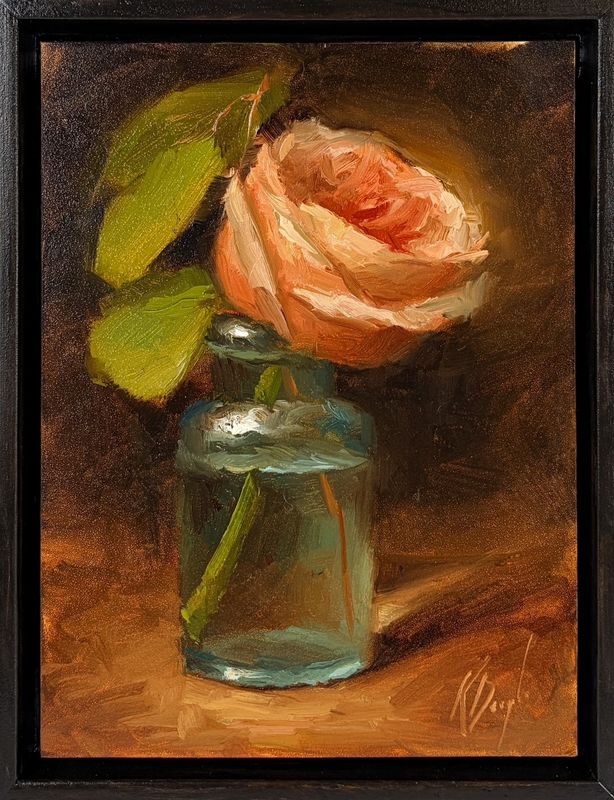 "Peach Rose in Aqua Glass" 6x8" Oil Painting Framed 7x9"