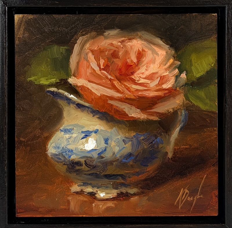 "Pink Rose in Blue Creamer" 6x6" Framed 7x7" Oil Painting