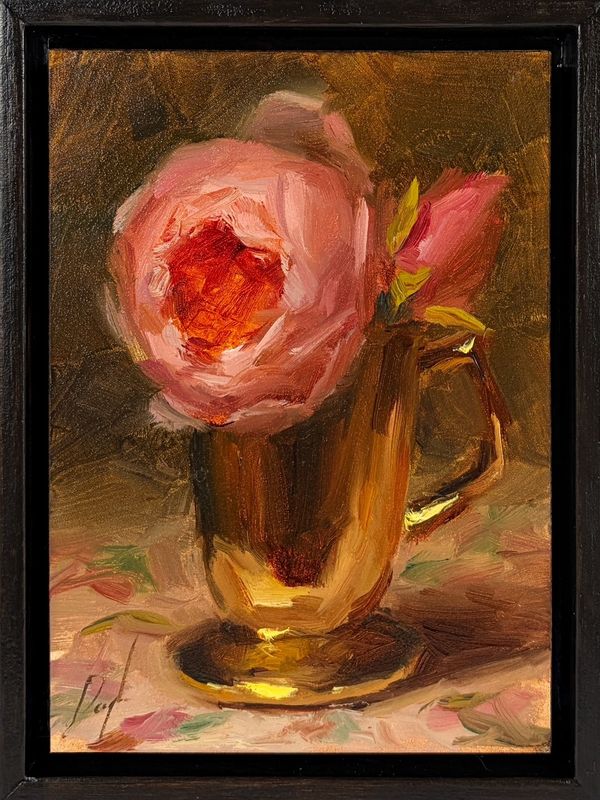"Little David Austin Roses in Mug" 5x7" Framed 6x8" Oil Painting