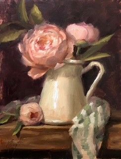 "Peonies and Stripes" 9x12" Framed 10x13" Oil