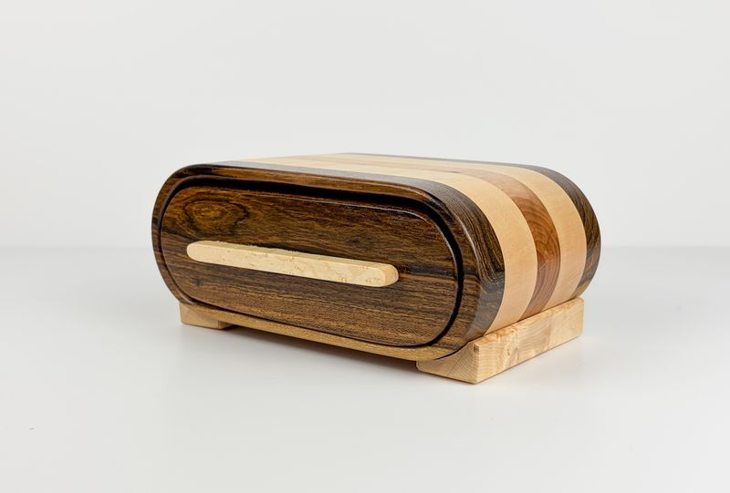 Retro Wooden box with one Drawer Bolivian Bocote, Birdseye Maple and Applewood