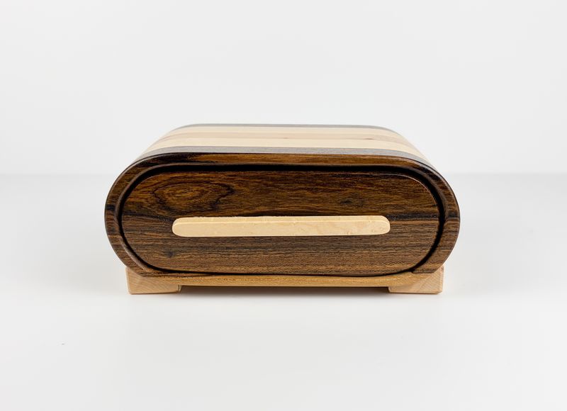 Retro Wooden box with one Drawer Bolivian Bocote, Birdseye Maple and Applewood