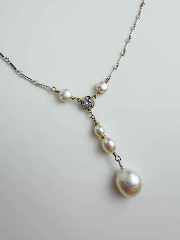Freshwater Pearl Drop Sterling Silver, CZ &amp; 14K Gold-Filled Necklace