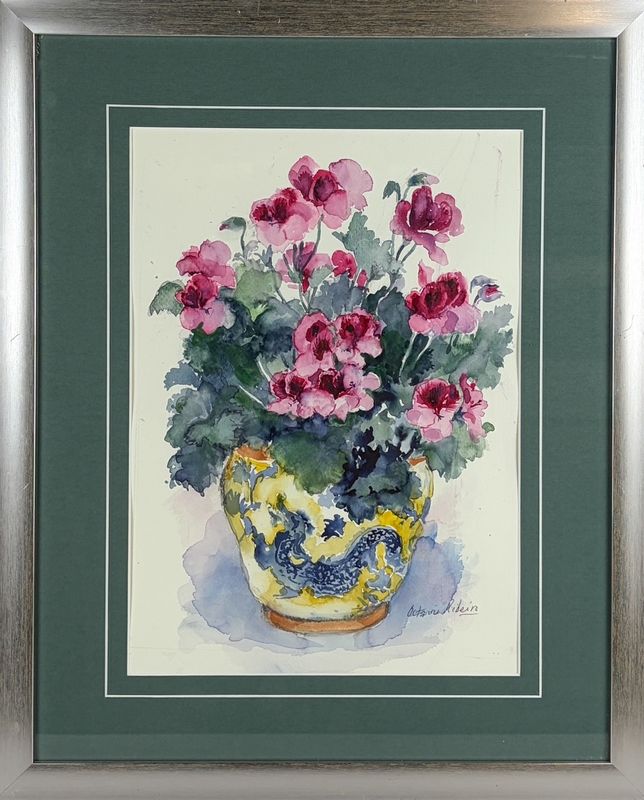 "Royal Geraniums II" 10x15" Watercolour Framed 17.5x22"