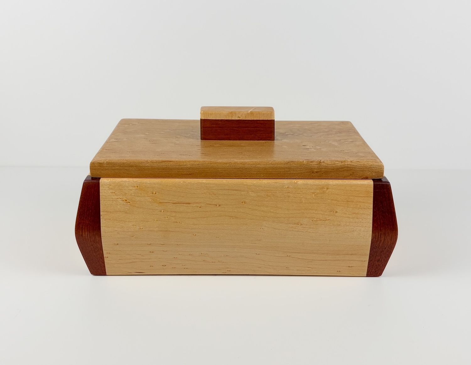 Birdseye &amp; Padauk, Maple Handle Lidded Wooden Box 10.5x7x5.25"
