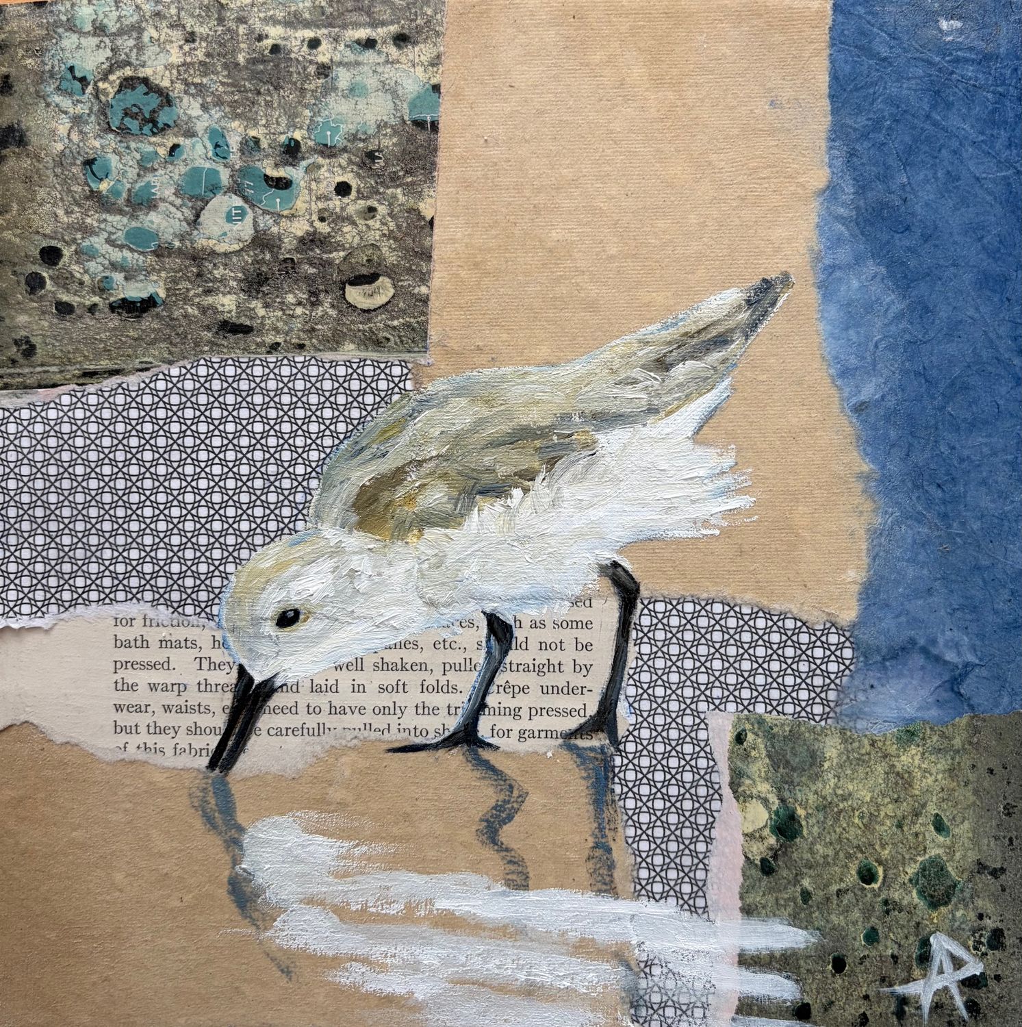 "Shorebird Blues: Summer 2" 8x8" Oil &amp; Mixed Media Framed 9x9"