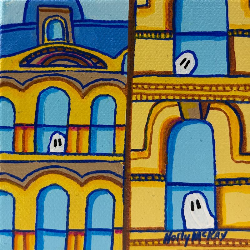 "Ghosts at the Old Post Office" 4x4" Acrylic on Canvas