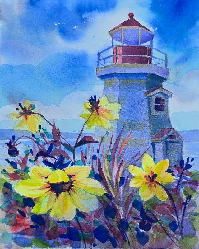 "Evening Serenade at Renforth Lighthouse" Watercolor 8x10" matted 11x14"
