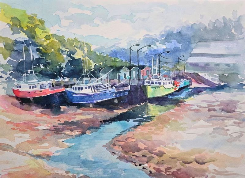 "Resting Boats of St. Martins" Watercolor 11x14" matted 16x20"
