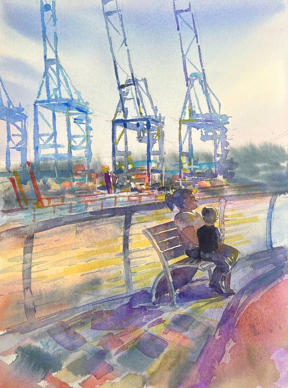 "Evening Peace on the Waterfront, Saint John" Watercolor 11x14" matted 16x20"