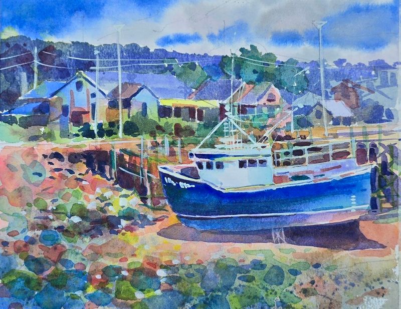 "Resting at Low Tide, Alma" Watercolor 8x10" matted 11x14"