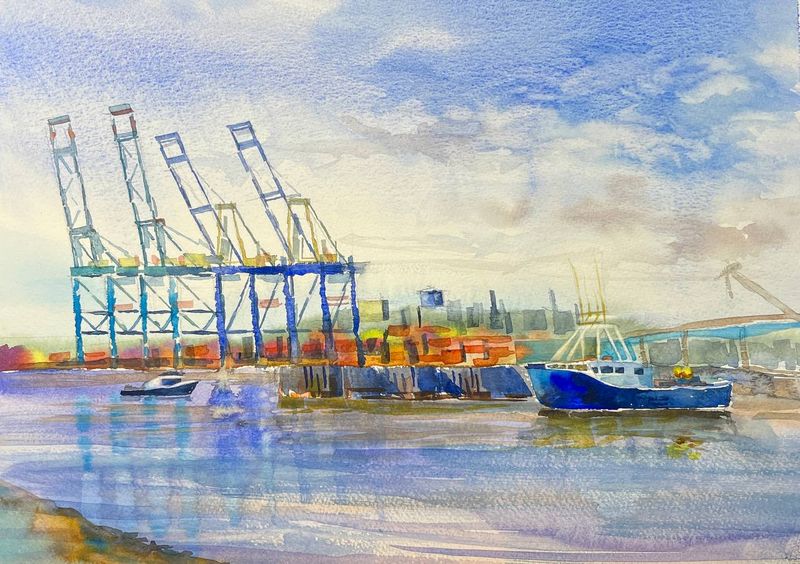 "Morning Pulse of Port Saint John" Watercolor 11x14" matted 16x20"