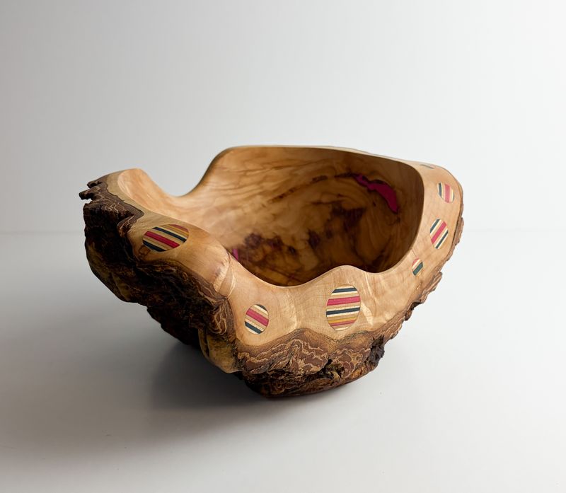 Fuchsia Maple Burl Wooden Bowl with Repurposed Skateboards Bubbles 9x8x5"