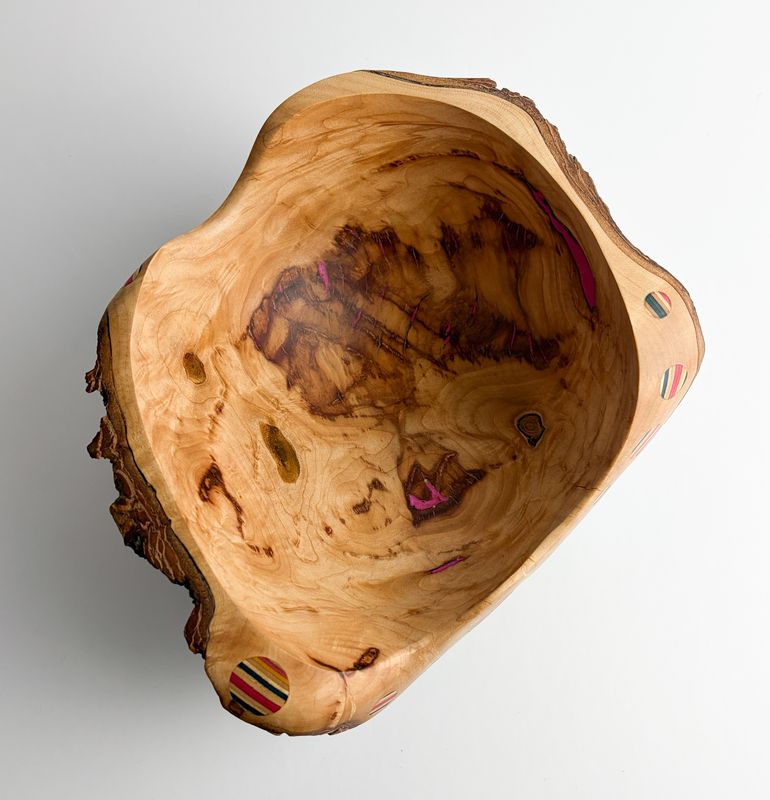 Fuchsia Maple Burl Wooden Bowl with Repurposed Skateboards Bubbles 9x8x5"