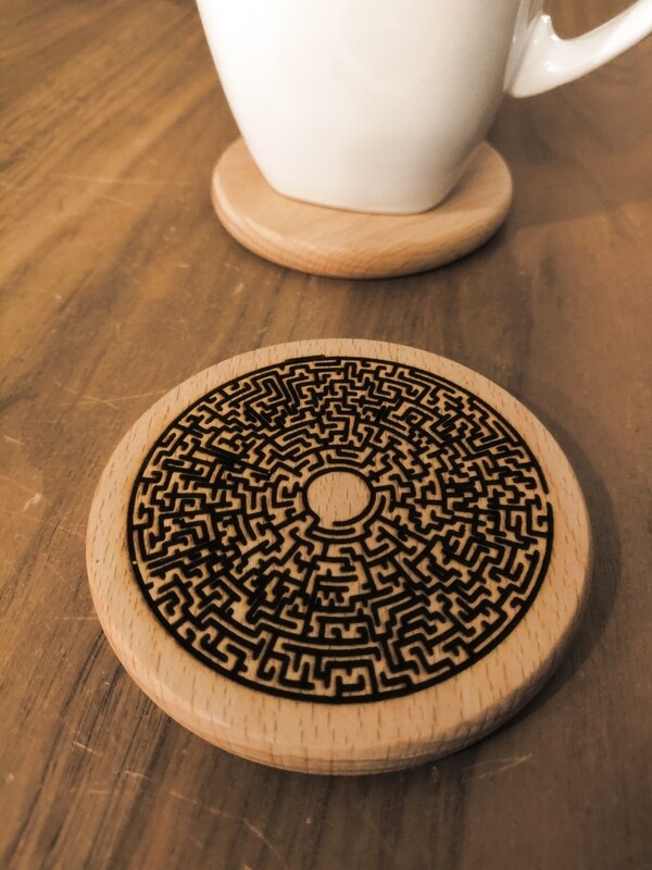 Wood Coaster with Labyrinth Engraving