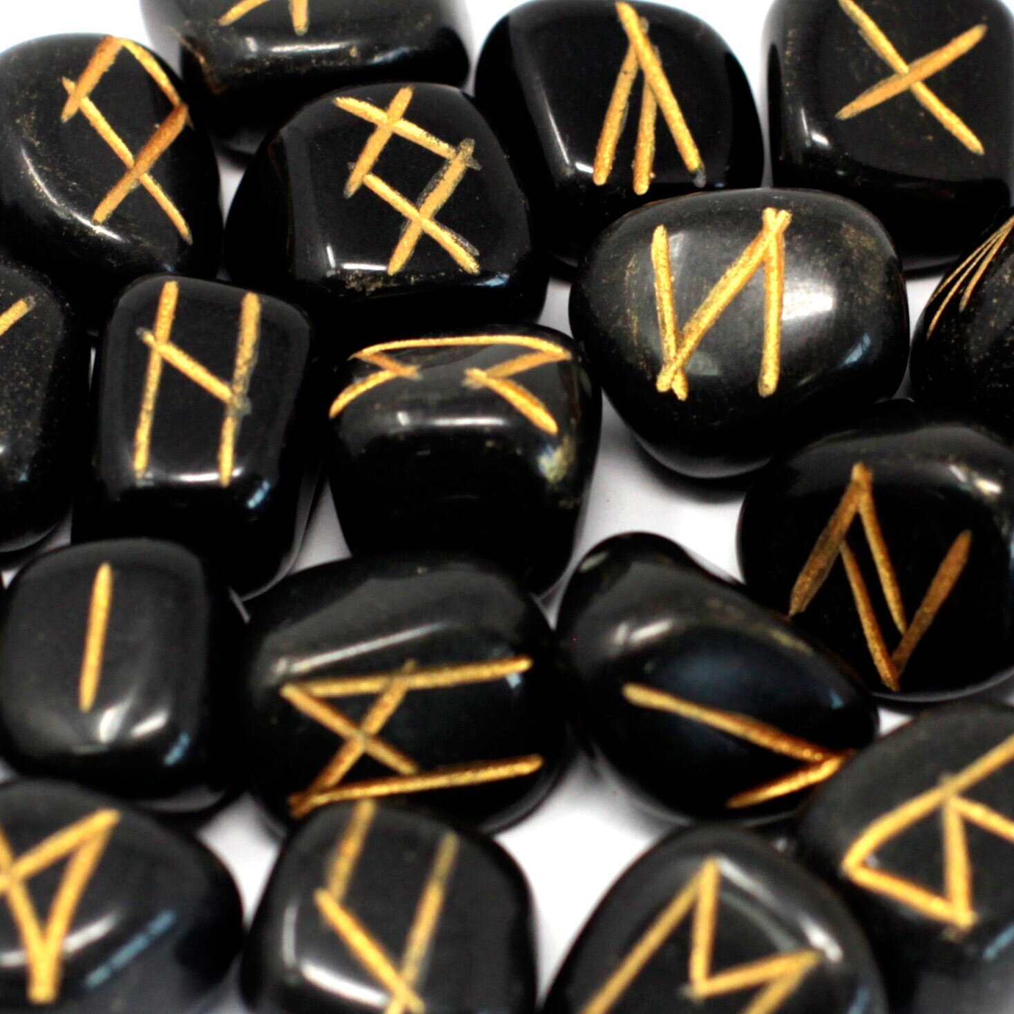 Runes Stone Set in Pouch - Black Agate