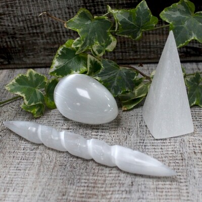 Selenite Wands, Pyramids, Hearts, Spheres, Eggs and Palm Stones